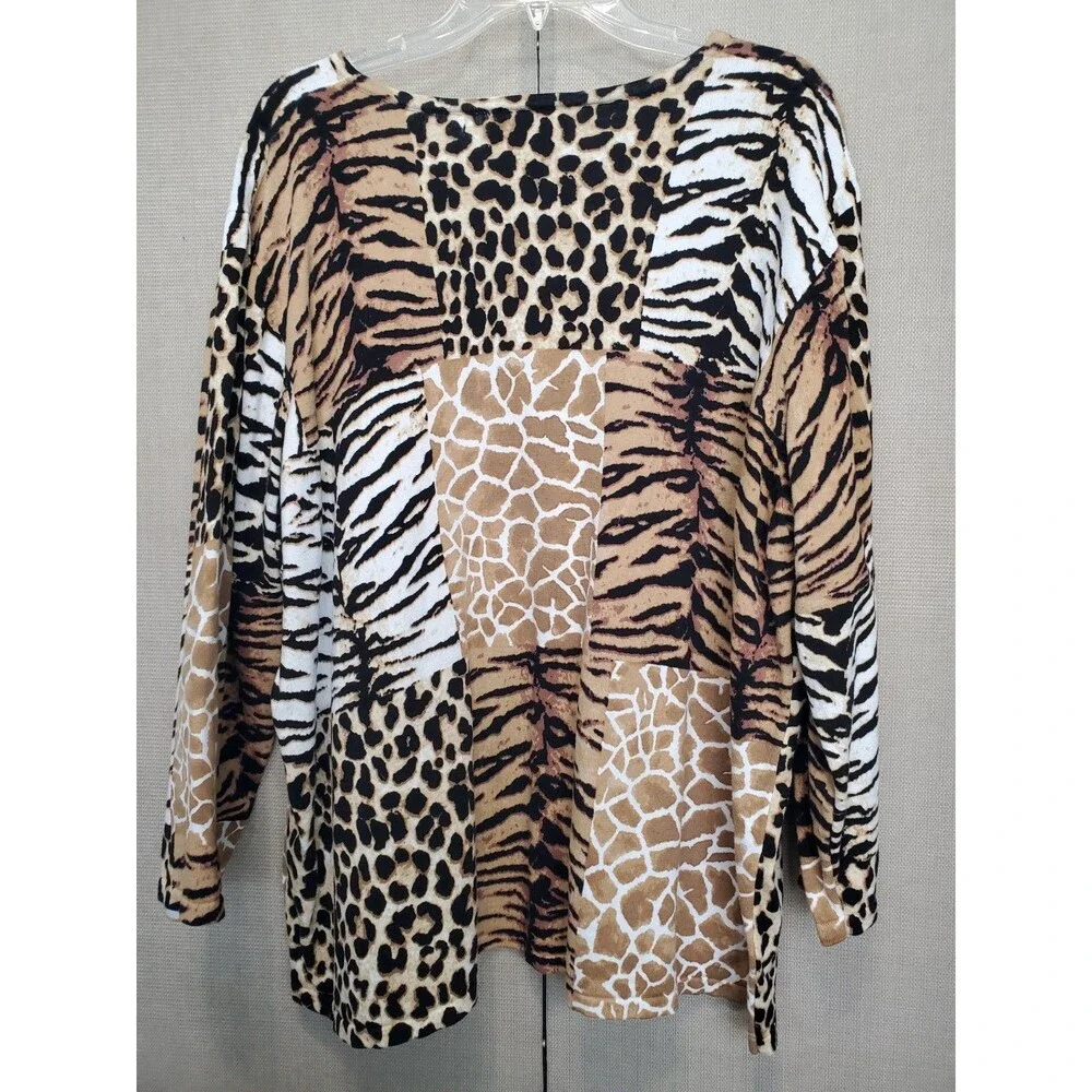 Alfred Dunner Woman Patchwork Animal Print Beaded Split Neck Sweater Tunic Sz 3X